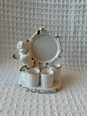Vintage I. W. Rice Ceramic Cherub Lipstick Holder With Gold Trim Japan